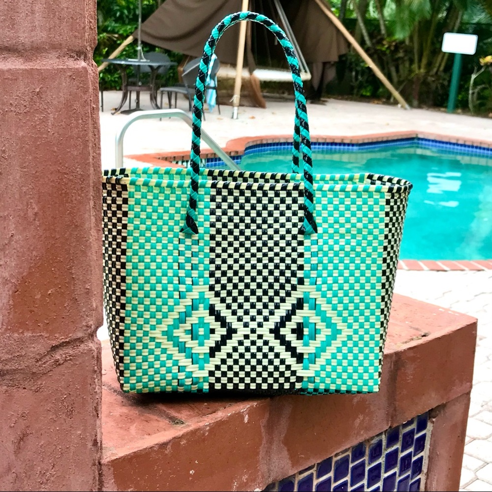 NWOT HANDWOVEN AND SUSTAINABLE MEDIUM TURQUOISE, BLACK & CREAM TOTE BAG, MEXICAN - Picture 7 of 9